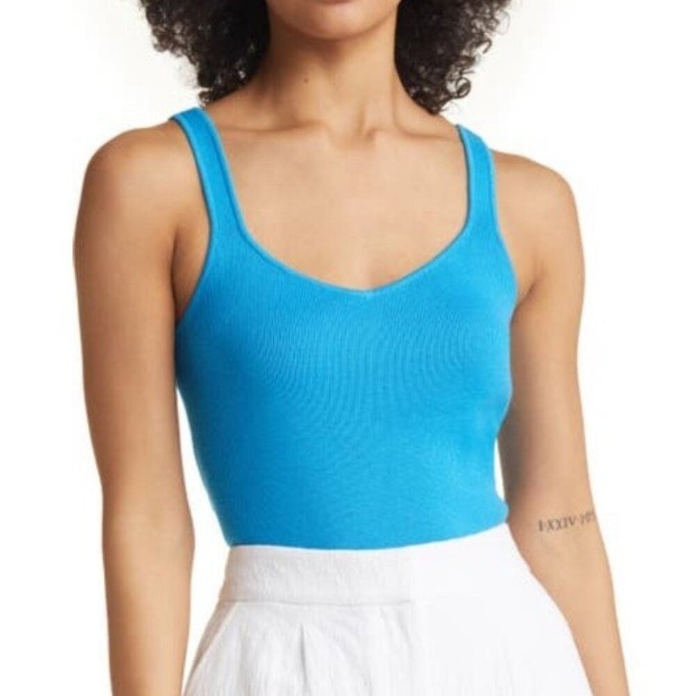 Halogen V-Neck Sweater Tank Top Organic Cotton Blend Turquoise Blue Size XL NEW